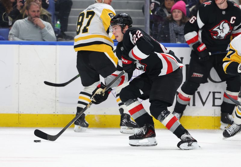 Feb 5, 2026; Buffalo, New York, USA;  Buffalo Sabres right wing Jack Quinn (22) carries the puck during the second period against the Pittsburgh Penguins at KeyBank Center. Mandatory Credit: Timothy T. Ludwig-Imagn Images