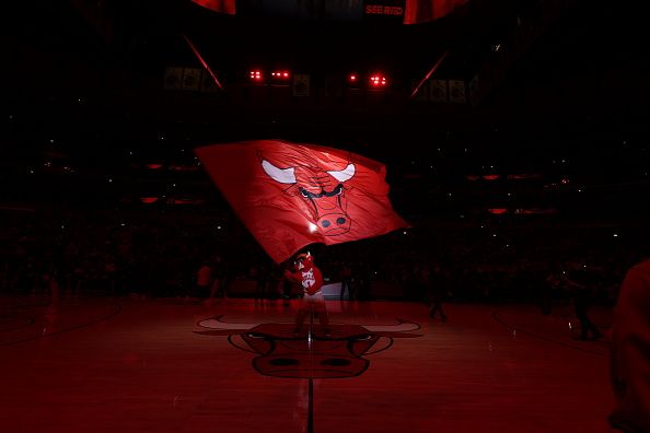 CHICAGO, IL - DECEMBER 2: Mascot Benny the Bull of the Chicago Bulls waves a flag before the game against the New Orleans Pelicans on December 2, 2023 at United Center in Chicago, Illinois. NOTE TO USER: User expressly acknowledges and agrees that, by downloading and or using this photograph, User is consenting to the terms and conditions of the Getty Images License Agreement. Mandatory Copyright Notice: Copyright 2023 NBAE (Photo by Jeff Haynes/NBAE via Getty Images)