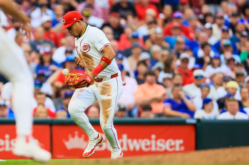 Jul 30, 2024; Cincinnati, Ohio, USA; Cincinnati Reds third baseman Noelvi Marte (16) attempts to field the ball hit by Chicago Cubs second baseman Nico Hoerner (not pictured) in the fourth inning at Great American Ball Park. Mandatory Credit: Katie Stratman-USA TODAY Sports