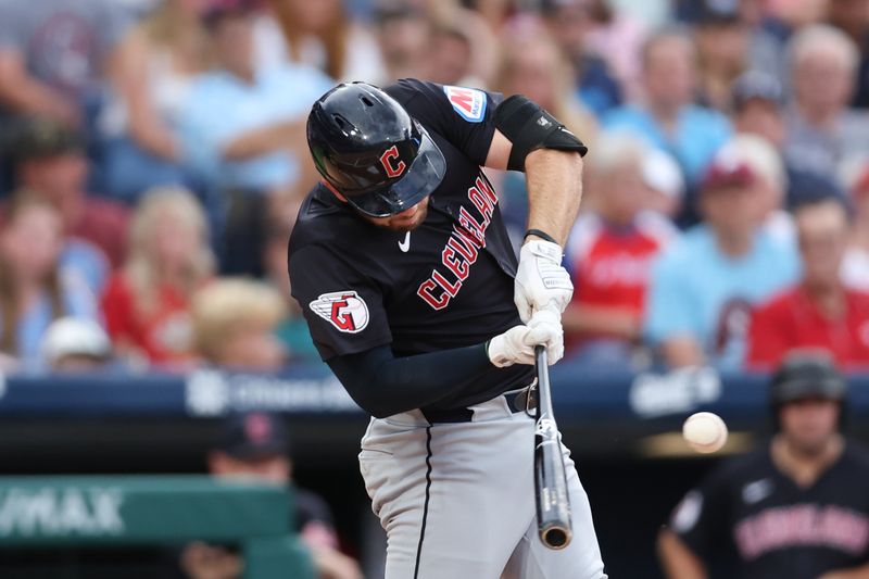 Jul 26, 2024; Philadelphia, Pennsylvania, USA; Cleveland Guardians catcher David Fry (6) hits an RBI single during the first inning against the Philadelphia Phillies at Citizens Bank Park. Mandatory Credit: Bill Streicher-USA TODAY Sports