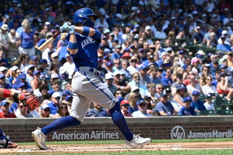 Aug 20, 2023; Chicago, Illinois, USA;  Kansas City Royals second baseman Michael Massey (19) hits an RBI single against the Chicago Cubs during the first inning at Wrigley Field. Mandatory Credit: Matt Marton-USA TODAY Sports