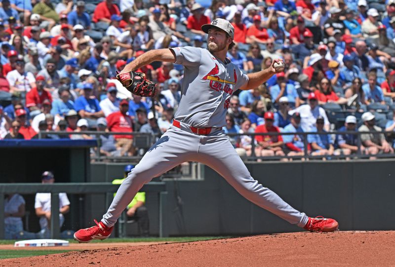 May 18, 2025; Kansas City, Missouri, USA;  St. Louis Cardinals starting pitcher Matthew Liberatore (52) throws a pitch in the first inning against the Kansas City Royals at Kauffman Stadium. Mandatory Credit: Peter Aiken-Imagn Images