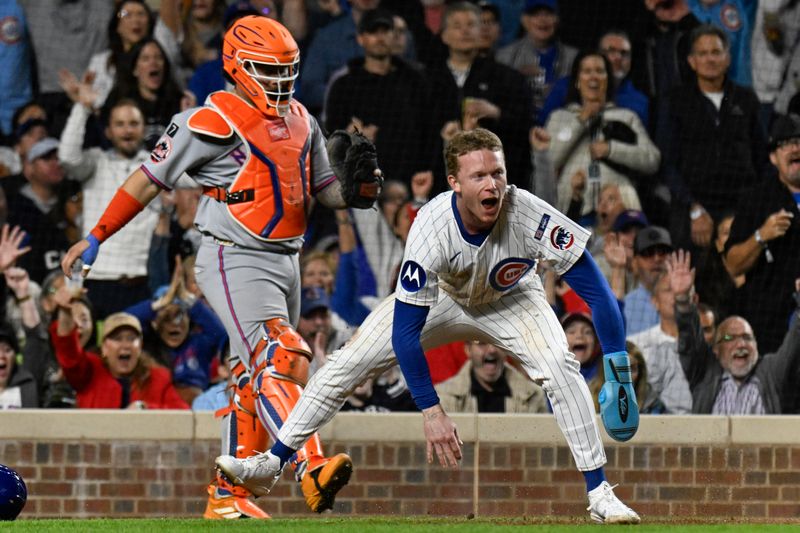 Sep 24, 2025; Chicago, Illinois, USA;   Chicago Cubs outfielder Pete Crow-Armstrong (4) reacts after scoring on a wild pitch thrown by New York Mets pitcher Clay Holmes (not pictured) during the fifth inning  at Wrigley Field. Mandatory Credit: Matt Marton-Imagn Images