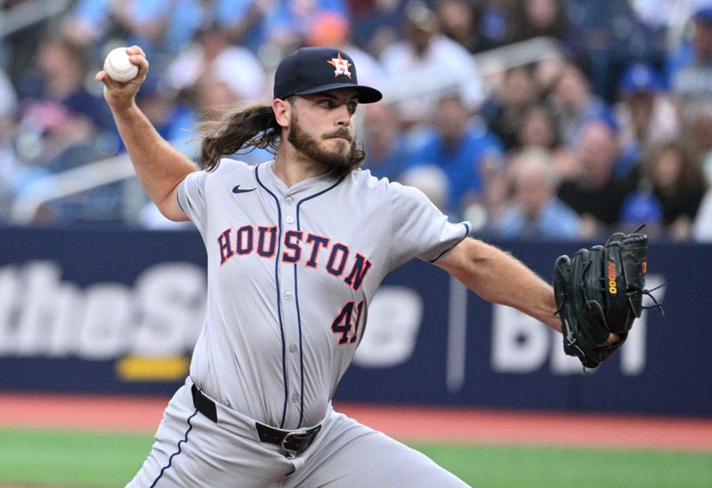 Jul 2, 2024; Toronto, Ontario, CAN;   Houston Astros starting pitcher Spencer Arrighetti (41) delivers a pitch against the Toronto Blue Jays in the first inning at Rogers Centre. Mandatory Credit: Dan Hamilton-USA TODAY Sports