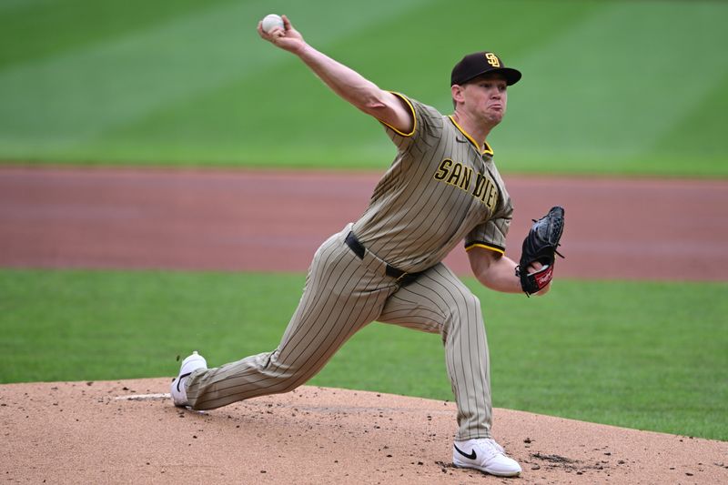 May 4, 2025; Pittsburgh, Pennsylvania, USA; San Diego Padres starting pitcher Stephen Kolek (32) throws a pitch during the first inning against the Pittsburgh Pirates at PNC Park. Mandatory Credit: David Dermer-Imagn Images
