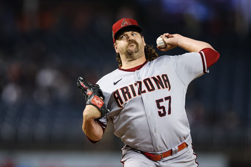 Jun 7, 2023; Washington, District of Columbia, USA; Arizona Diamondbacks relief pitcher Andrew Chafin (57) pitches against the Washington Nationals during the ninth inning at Nationals Park. Mandatory Credit: Scott Taetsch-USA TODAY Sports