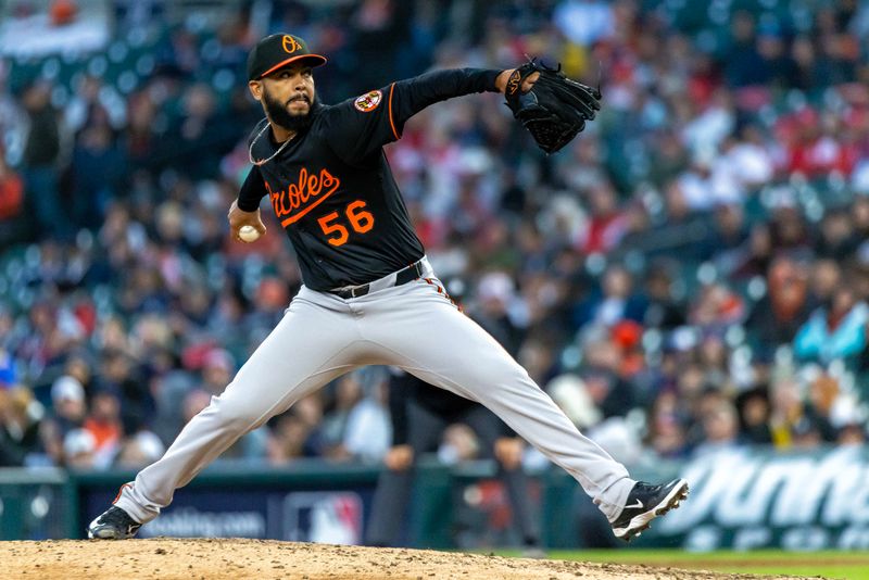 Apr 26, 2025; Detroit, Michigan, USA; Baltimore Orioles pitcher Seranthony Domínguez (56) delivers in the sixth inning during game two of a double header against the Detroit Tigers at Comerica Park. Mandatory Credit: David Reginek-Imagn Images