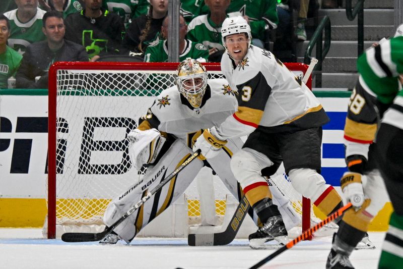 Apr 24, 2024; Dallas, Texas, USA; Vegas Golden Knights goaltender Logan Thompson (36) and defenseman Brayden McNabb (3) faces the Dallas Stars attack during the third period in game two of the first round of the 2024 Stanley Cup Playoffs at American Airlines Center. Mandatory Credit: Jerome Miron-USA TODAY Sports