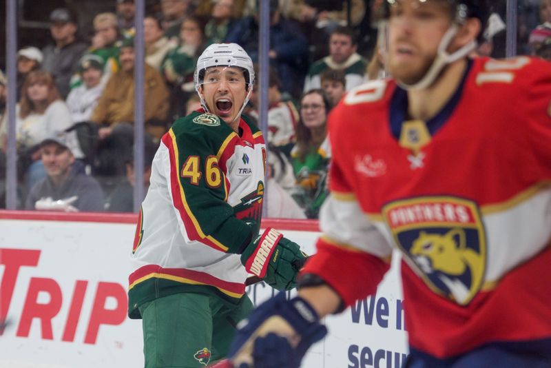 Jan 24, 2026; Saint Paul, Minnesota, USA; Minnesota Wild defenseman Jared Spurgeon (46) calls to a teammate after clearing the puck against the Florida Panthers in the first period at Grand Casino Arena. Mandatory Credit: Matt Blewett-Imagn Images