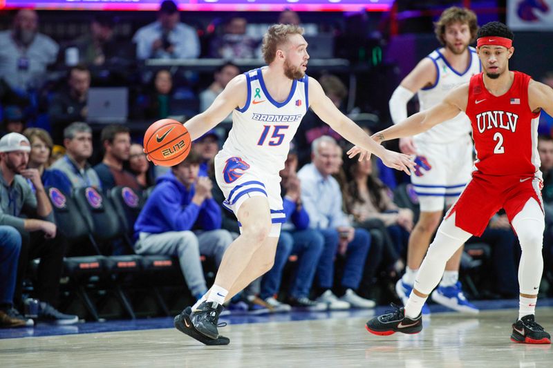 Jan 16, 2024; Boise, Idaho, USA; Boise State Broncos guard Jace Whiting (15) during the first half against the UNLV Rebels at ExtraMile Arena. Mandatory Credit: Brian Losness-USA TODAY Sports

