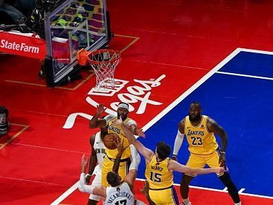 LAS VEGAS, NEVADA - DECEMBER 7: Anthony Davis (3), Austin Reaves (15), LeBron James (23) of Los Angeles Lakers and Jonas Valanciunas (17) of New Orleans Pelicans in action during NBA In-Season Tournament Semifinals game between Los Angeles Lakers and New Orleans Pelicans at the T-Mobile Arena in Las Vegas, Nevada, United States on December 7, 2023. (Photo by Tayfun Coskun/Anadolu via Getty Images)