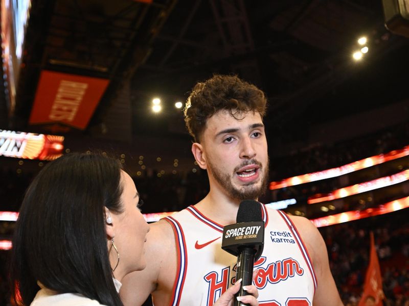 HOUSTON, TX - JANUARY 20: Alperen Sengun #28 of the Houston Rockets talks to the media after the game against the Utah Jazz on January 20, 2024 at the Toyota Center in Houston, Texas. NOTE TO USER: User expressly acknowledges and agrees that, by downloading and or using this photograph, User is consenting to the terms and conditions of the Getty Images License Agreement. Mandatory Copyright Notice: Copyright 2024 NBAE (Photo by Logan Riely/NBAE via Getty Images)