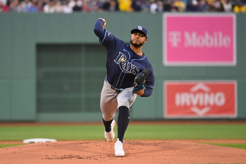 May 15, 2024; Boston, Massachusetts, USA; Tampa Bay Rays starting pitcher Taj Bradley (45) pitches against the Boston Red Sox during the first inning at Fenway Park. Mandatory Credit: Eric Canha-USA TODAY Sports