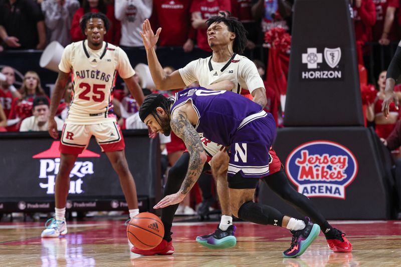 Feb 15, 2024; Piscataway, New Jersey, USA; Northwestern Wildcats guard Boo Buie (0) dribbles while being guarded by Rutgers Scarlet Knights guard Jamichael Davis (1) in front of guard Jeremiah Williams (25) during the second half at Jersey Mike's Arena. Mandatory Credit: Vincent Carchietta-USA TODAY Sports