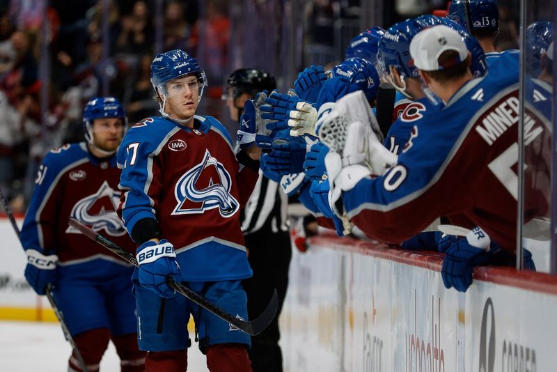 Nov 15, 2024; Denver, Colorado, USA; Colorado Avalanche center Parker Kelly (17) celebrates with the bench after his goal in the first period against the Washington Capitals at Ball Arena. Mandatory Credit: Isaiah J. Downing-Imagn Images