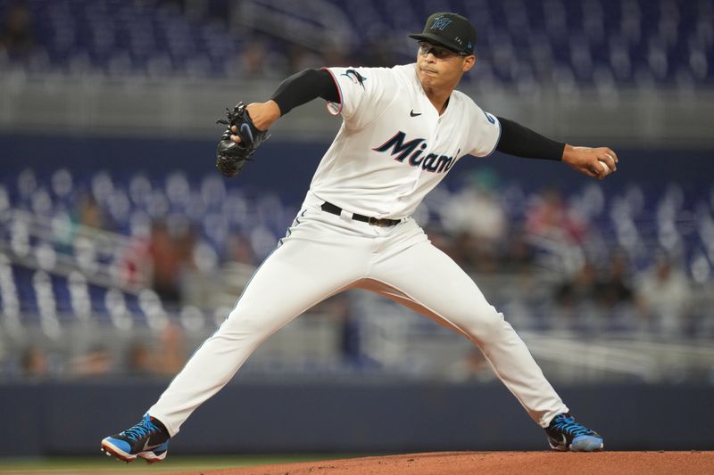 Aug 30, 2023; Miami, Florida, USA; Miami Marlins starting pitcher Jesus Luzardo (44) pitches against the Tampa Bay Rays in the first inning at loanDepot Park. Mandatory Credit: Jim Rassol-USA TODAY Sports