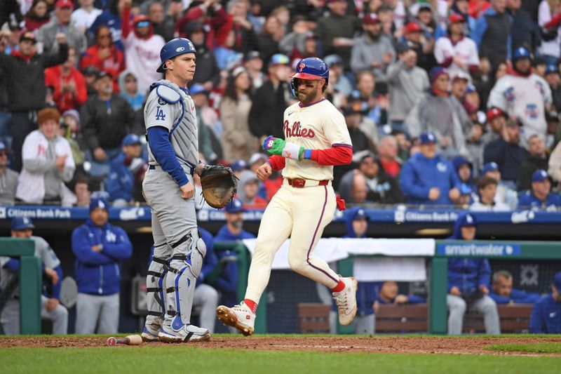 Apr 6, 2025; Philadelphia, Pennsylvania, USA; Philadelphia Phillies first base Bryce Harper (3) scores a run during the seventh inning against the Los Angeles Dodgers at Citizens Bank Park. Mandatory Credit: Eric Hartline-Imagn Images