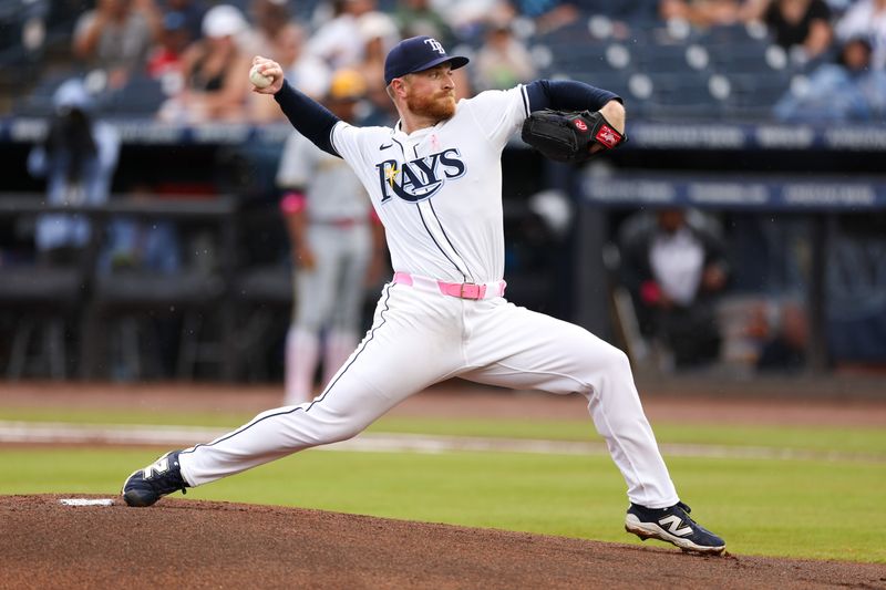 May 11, 2025; Tampa, Florida, USA; Tampa Bay Rays starting pitcher Drew Rasmussen (57) throws a pitch against the Milwaukee Brewers in the first inning at George M. Steinbrenner Field. Mandatory Credit: Nathan Ray Seebeck-Imagn Images