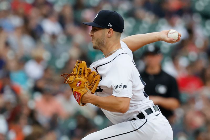Aug 6, 2023; Detroit, Michigan, USA; Detroit Tigers relief pitcher Brendan White (52) pitches in the seventh inning against the Tampa Bay Rays at Comerica Park. Mandatory Credit: Rick Osentoski-USA TODAY Sports