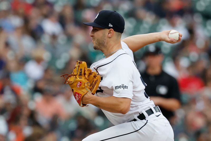 Aug 6, 2023; Detroit, Michigan, USA; Detroit Tigers relief pitcher Brendan White (52) pitches in the seventh inning against the Tampa Bay Rays at Comerica Park. Mandatory Credit: Rick Osentoski-USA TODAY Sports