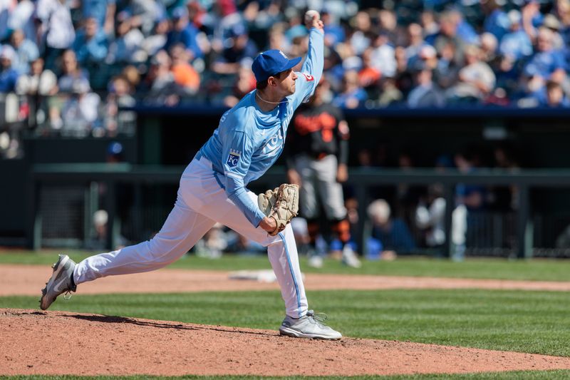 Apr 21, 2024; Kansas City, Missouri, USA; Kansas City Royals pitcher Anthony James Veneziano (69) pitching during the ninth inning against the Baltimore Orioles at Kauffman Stadium. Mandatory Credit: William Purnell-USA TODAY Sports