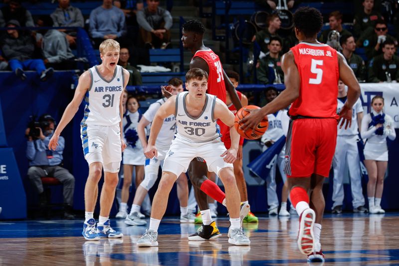 Feb 10, 2023; Colorado Springs, Colorado, USA; New Mexico Lobos guard Jamal Mashburn Jr. (5) dribbles the ball up court as Air Force Falcons guard Camden Vander Zwaag (30) guards in the second half at Clune Arena. Mandatory Credit: Isaiah J. Downing-USA TODAY Sports