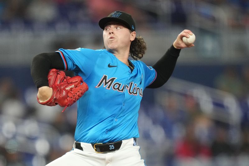 Jun 1, 2025; Miami, Florida, USA;  Miami Marlins pitcher Ryan Weathers (35) pitches against the San Francisco Giants in the first inning at loanDepot Park. Mandatory Credit: Jim Rassol-Imagn Images