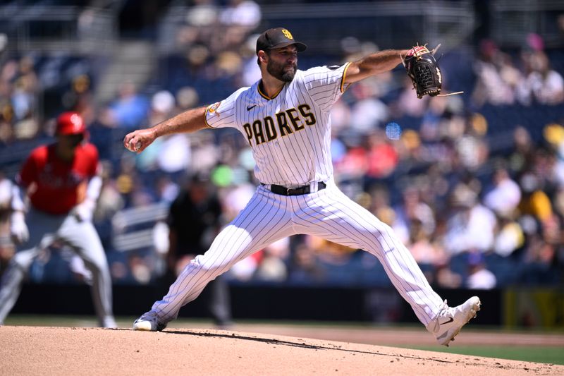 Sep 6, 2023; San Diego, California, USA; San Diego Padres starting pitcher Michael Wacha (52) throws a pitch against the Philadelphia Phillies during the first inning at Petco Park. Mandatory Credit: Orlando Ramirez-USA TODAY Sports