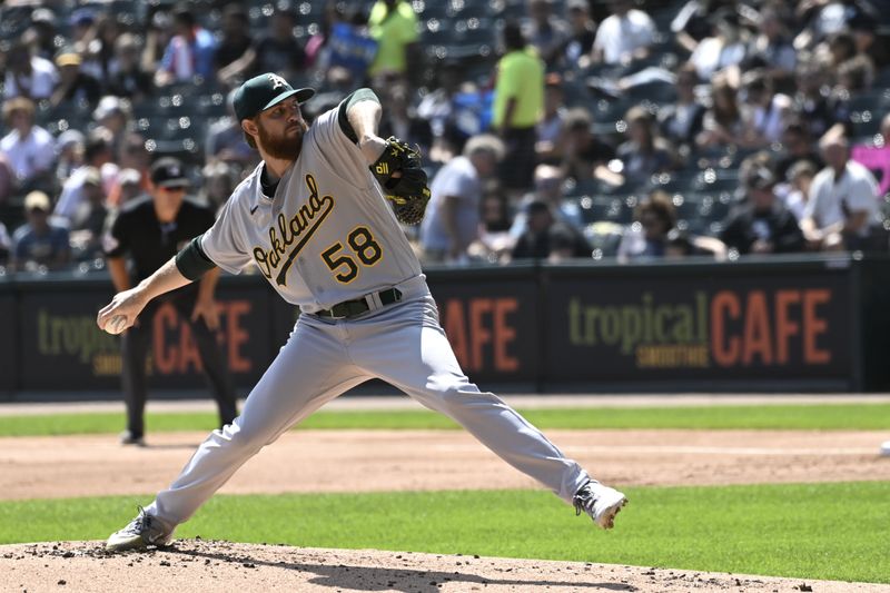 Aug 27, 2023; Chicago, Illinois, USA;  Oakland Athletics starting pitcher Paul Blackburn (58) delivers against the Chicago White Sox during the first inning at Guaranteed Rate Field. Mandatory Credit: Matt Marton-USA TODAY Sports