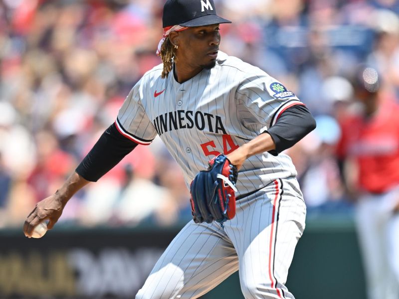 Aug 3, 2025; Cleveland, Ohio, USA; Minnesota Twins relief pitcher Jose Urena (54) throws a pitch  during the first inning against the Cleveland Guardians at Progressive Field. Mandatory Credit: Ken Blaze-Imagn Images
