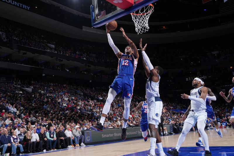 PHILADELPHIA, PA - FEBRUARY 5: Tobias Harris #12 of the Philadelphia 76ers drives to the basket during the game against the Dallas Mavericks on February 5, 2024 at the Wells Fargo Center in Philadelphia, Pennsylvania NOTE TO USER: User expressly acknowledges and agrees that, by downloading and/or using this Photograph, user is consenting to the terms and conditions of the Getty Images License Agreement. Mandatory Copyright Notice: Copyright 2024 NBAE (Photo by Jesse D. Garrabrant/NBAE via Getty Images)