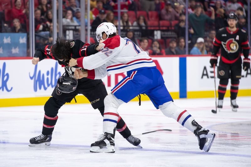 Oct 5, 2024; Ottawa, Ontario, CAN; Ottawa Senators right wing Zack MacEwen (17) fights with Montreal Canadiens defenseman Arber Xhekaj (72) in the first period at the Canadian Tire Centre. Mandatory Credit: Marc DesRosiers-Imagn Images