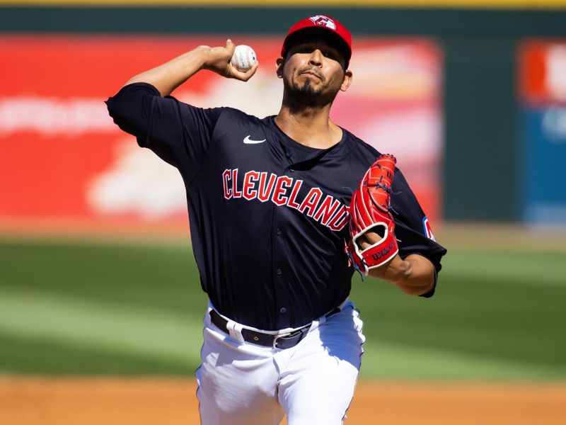 Mar 11, 2024; Goodyear, Arizona, USA; Cleveland Guardians pitcher Carlos Carrasco against the Los Angeles Dodgers during a spring training game at Goodyear Ballpark. Mandatory Credit: Mark J. Rebilas-USA TODAY Sports