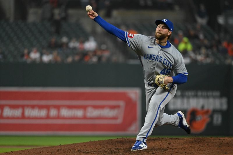 Apr 2, 2024; Baltimore, Maryland, USA;  Kansas City Royals starting pitcher Alec Marsh (48) throws a second inning pitch against the Baltimore Orioles at Oriole Park at Camden Yards. Mandatory Credit: Tommy Gilligan-USA TODAY Sports