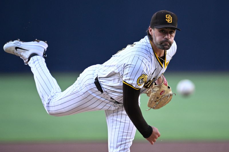 Jul 6, 2024; San Diego, California, USA; San Diego Padres starting pitcher Matt Waldron (61) pitches against the Arizona Diamondbacks during the first inning at Petco Park. Mandatory Credit: Orlando Ramirez-USA TODAY Sports