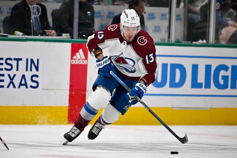 Jan 4, 2024; Dallas, Texas, USA; Colorado Avalanche right wing Valeri Nichushkin (13) skates against the Dallas Stars during the first period at the American Airlines Center. Mandatory Credit: Jerome Miron-USA TODAY Sports