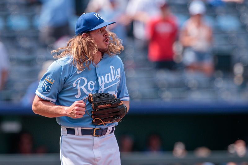 Jun 4, 2023; Kansas City, Missouri, USA; Kansas City Royals relief pitcher Scott Barlow (58) reacts after winning the game against the Colorado Rockies at Kauffman Stadium. Mandatory Credit: William Purnell-USA TODAY Sports