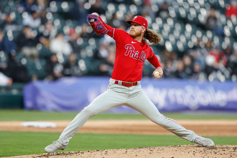 Apr 18, 2023; Chicago, Illinois, USA; Philadelphia Phillies starting pitcher Bailey Falter (70) delivers against the Chicago White Sox during the second inning of game two of the doubleheader at Guaranteed Rate Field. Mandatory Credit: Kamil Krzaczynski-USA TODAY Sports