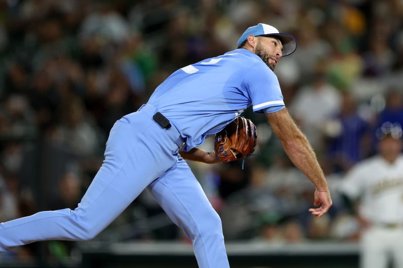 Sep 27, 2025; West Sacramento, California, USA; Kansas City Royals starting pitcher Michael Wacha (52) throws a pitch against the Athletics during the first inning at Sutter Health Park. Mandatory Credit: Dennis Lee-Imagn Images