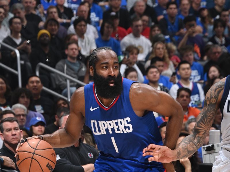 LOS ANGELES, CA - APRIL 21: James Harden #1 of the LA Clippers dribbles the ball during the game against the Dallas Mavericks during the 2024 NBA Playoffs on April 21, 2024 at Crypto.Com Arena in Los Angeles, California. NOTE TO USER: User expressly acknowledges and agrees that, by downloading and/or using this Photograph, user is consenting to the terms and conditions of the Getty Images License Agreement. Mandatory Copyright Notice: Copyright 2024 NBAE (Photo by Andrew D. Bernstein/NBAE via Getty Images)