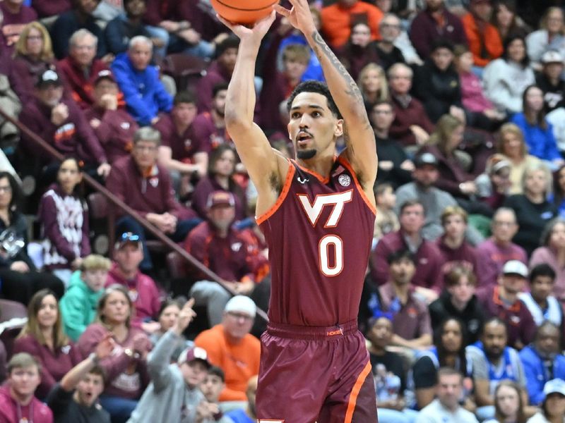 Jan 31, 2026; Blacksburg, Virginia, USA;  Virginia Tech Hokies guard Jailen Bedford (0) shoots a shot against the Duke Blue Devils during the second half at Cassell Coliseum. Mandatory Credit: Brian Bishop-Imagn Images