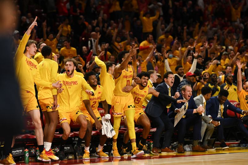 Dec 2, 2022; College Park, Maryland, USA;  Maryland Terrapins bench reacts after guard Jahmir Young (1) basket during the second half against the Illinois Fighting Illini at Xfinity Center. Mandatory Credit: Tommy Gilligan-USA TODAY Sports