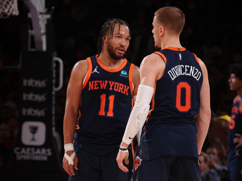 NEW YORK, NY - FEBRUARY 1: Jalen Brunson #11 talks to Donte Divincenzo #0 of the New York Knicks during the game against the Indiana Pacers on February 1, 2024 at Madison Square Garden in New York City, New York.  NOTE TO USER: User expressly acknowledges and agrees that, by downloading and or using this photograph, User is consenting to the terms and conditions of the Getty Images License Agreement. Mandatory Copyright Notice: Copyright 2024 NBAE  (Photo by Nathaniel S. Butler/NBAE via Getty Images)