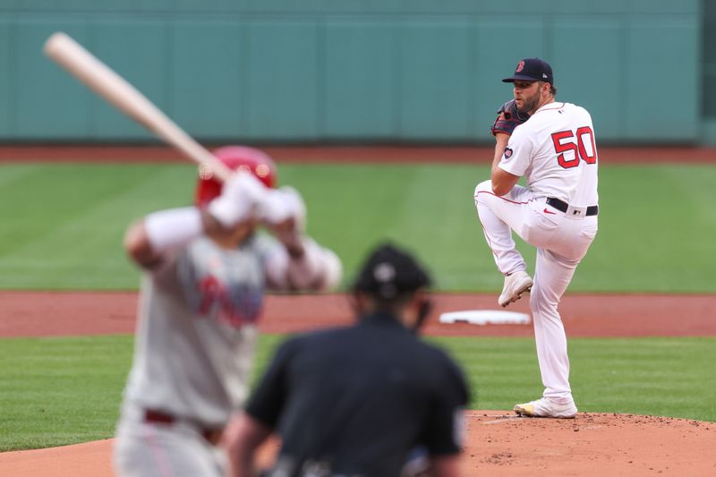 Jun 11, 2024; Boston, Massachusetts, USA; Boston Red Sox starting pitcher Kutter Crawford (50) throws a pitch during the first inning against the Philadelphia Phillies at Fenway Park. Mandatory Credit: Paul Rutherford-USA TODAY Sports