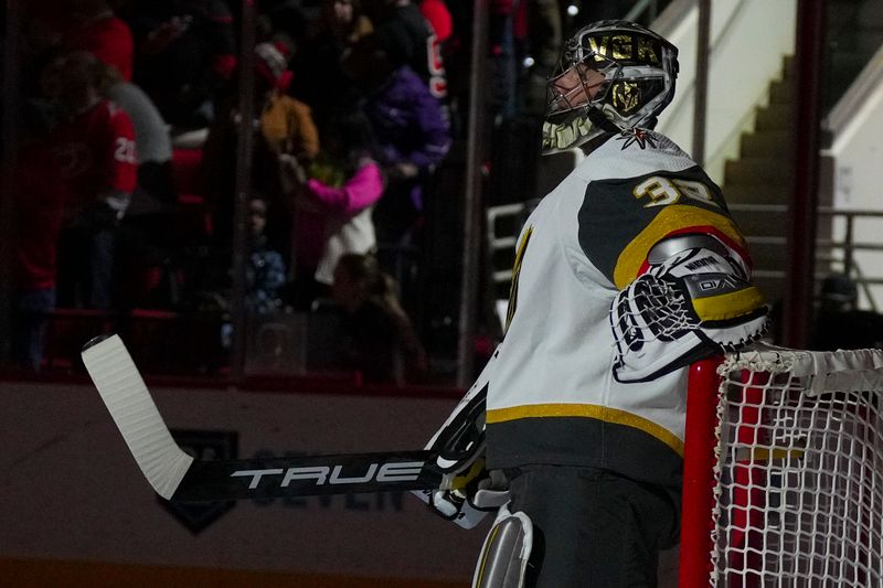 Mar 11, 2023; Raleigh, North Carolina, USA; Vegas Golden Knights goaltender Jonathan Quick (32) looks on before the start of the game against the Carolina Hurricanes at PNC Arena. Mandatory Credit: James Guillory-USA TODAY Sports