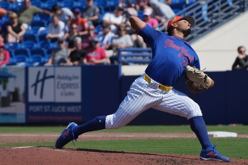 Feb 25, 2026; Port St. Lucie, Florida, USA;  New York Mets pitcher Adbert Alzolay (73) pitches in the fifth inning against the St. Louis Cardinals at Clover Park. Mandatory Credit: Jim Rassol-Imagn Images