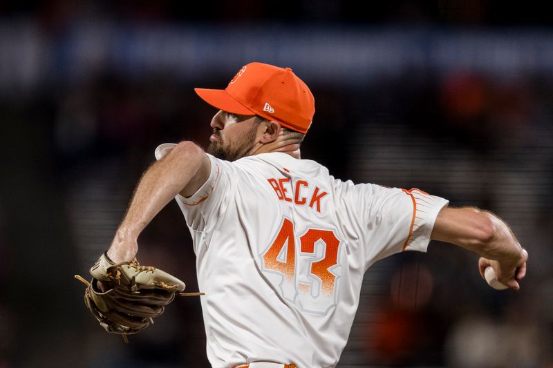 Sep 3, 2024; San Francisco, California, USA;  San Francisco Giants pitcher Tristan Beck (43) throws against the Arizona Diamondbacks during the fifth inning at Oracle Park. Mandatory Credit: John Hefti-Imagn Images