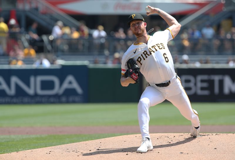 Jul 23, 2025; Pittsburgh, Pennsylvania, USA;  Pittsburgh Pirates starting pitcher Bailey Falter (6) delivers pitch against  the Detroit Tigers during the first inning at PNC Park. Mandatory Credit: Charles LeClaire-Imagn Images