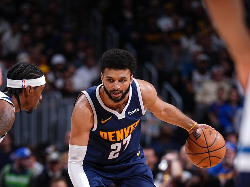 DENVER, CO - APRIL 10: Jamal Murray #27 of the Denver Nuggets dribbles the ball during the game against the Minnesota Timberwolves on April 10, 2024 at the Ball Arena in Denver, Colorado. NOTE TO USER: User expressly acknowledges and agrees that, by downloading and/or using this Photograph, user is consenting to the terms and conditions of the Getty Images License Agreement. Mandatory Copyright Notice: Copyright 2024 NBAE (Photo by Garrett Ellwood/NBAE via Getty Images)