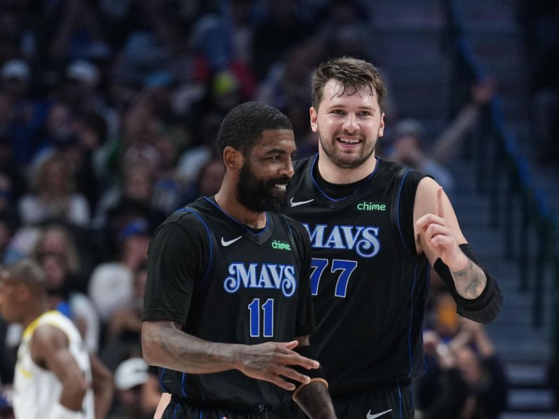 DALLAS, TX - MARCH 21: Kyrie Irving #11 and Luka Doncic #77 of the Dallas Mavericks during the game against the Utah Jazz on March 21, 2024 at the American Airlines Center in Dallas, Texas. NOTE TO USER: User expressly acknowledges and agrees that, by downloading and or using this photograph, User is consenting to the terms and conditions of the Getty Images License Agreement. Mandatory Copyright Notice: Copyright 2024 NBAE (Photo by Glenn James/NBAE via Getty Images)